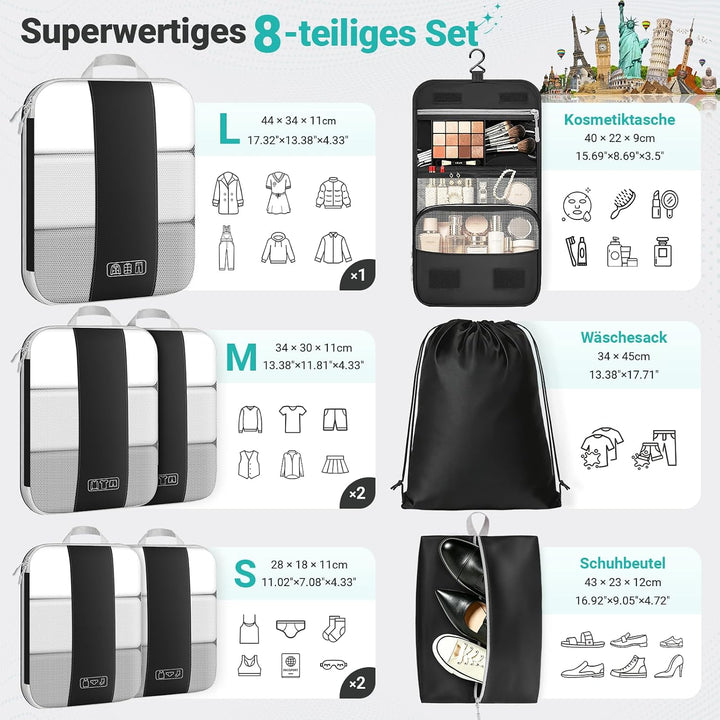 Koffer Organizer mit Kompression, 8 Stück Packing Cubes für Koffer und Rucksack – wasserabweisende P
