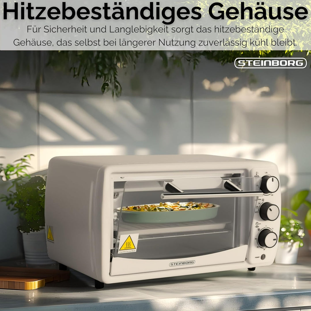 Mini Backofen 13 Liter | 1200 Watt | Pizzaofen | 65°-230°C | Timer | aufklappbares Krümelblech | Min
