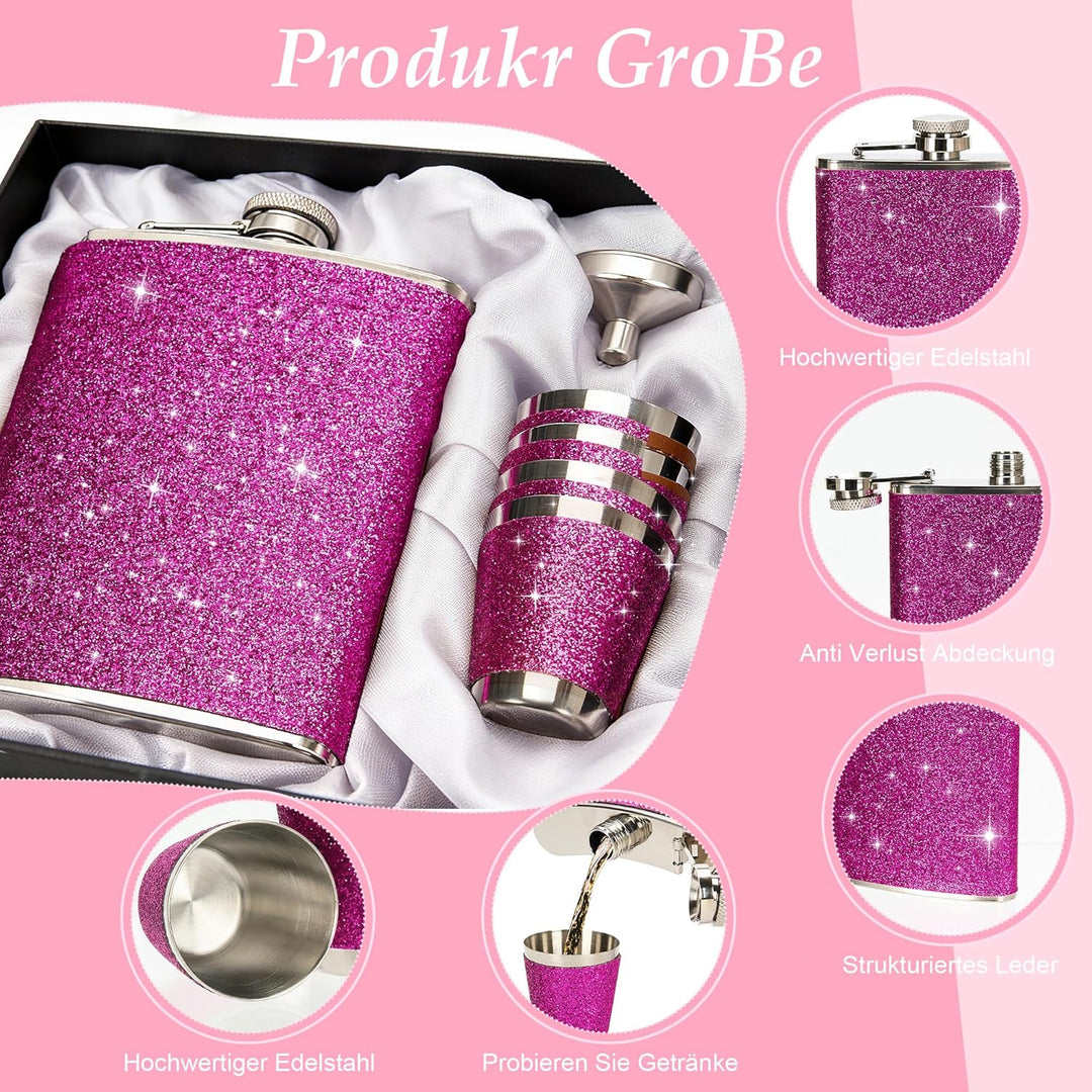 Flachmann Edelstahl mit Leder 240ml und 4 Shot Becher Set – Rosa, ideal für Reisen, JGA, Party und G