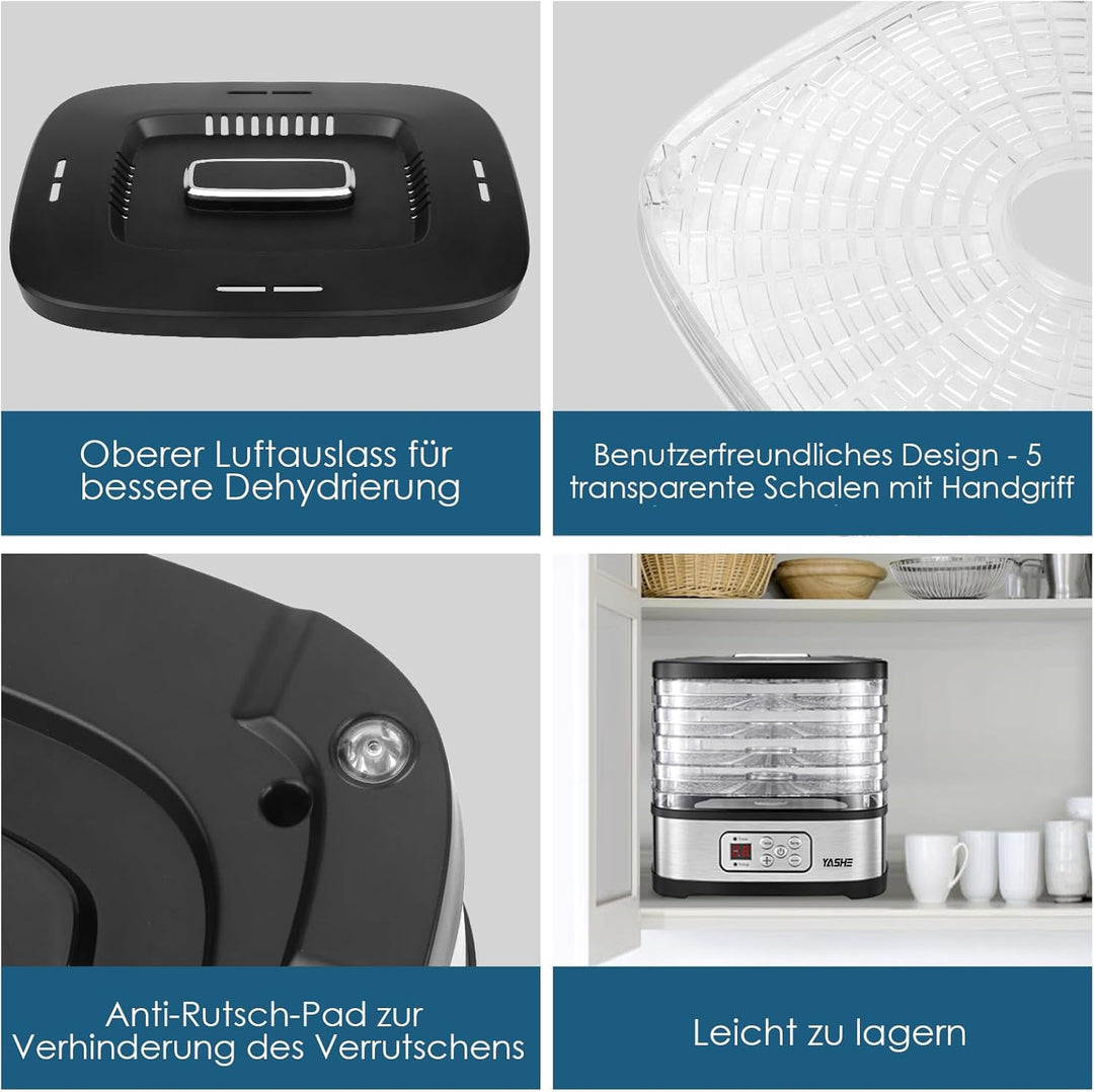YASHE GGJ-261B Dörrautomat mit LED-Display, Temperaturregelung 35-70°C & 72-Stunden-Timer, 5 höhenve