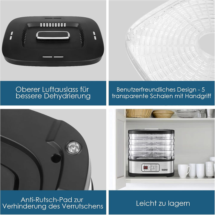 YASHE GGJ-261B Dörrautomat mit LED-Display, Temperaturregelung 35-70°C & 72-Stunden-Timer, 5 höhenve