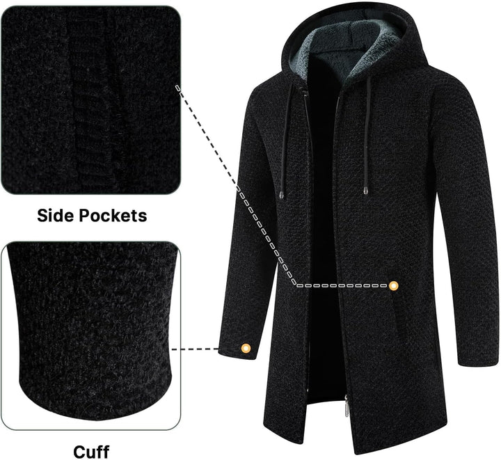 KUDORO Strickjacke Herren Cardigan Lang Trachtenjacke Kapuze mit Kapuze Gestrickt Pullover Hoodie Wi