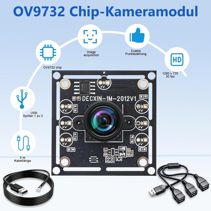 OV9732 Kameramodul 100°3er-Set mit USB 1-zu-3 Splitter,3m Kabel,1280x720 HD,30fps,Weitwinkel hohe Bi