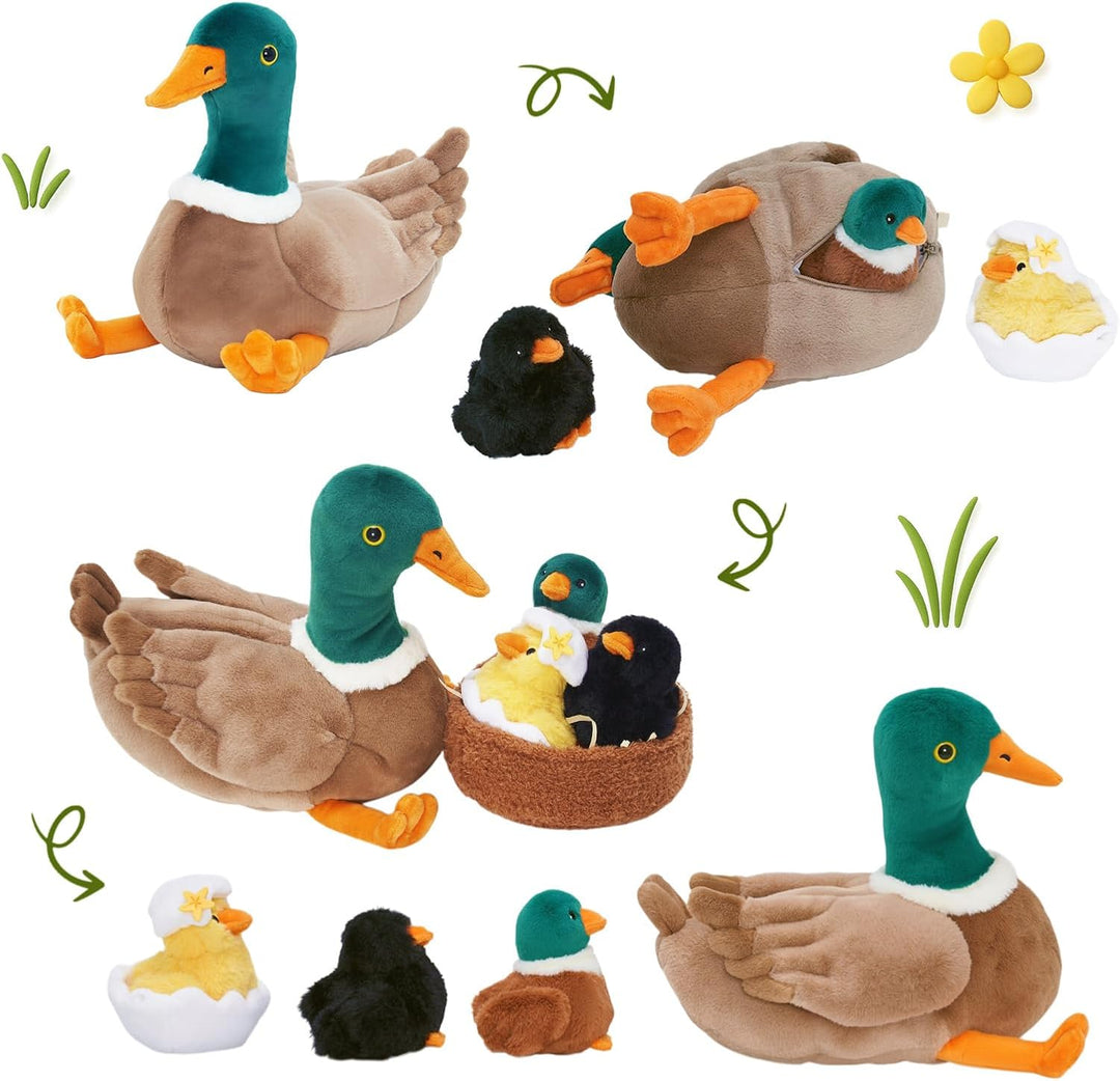 OUOZZZ Ente Kuscheltier Set, 5 Stück Weich Ente Plüschtier mit 3 Baby Enten Stofftiere im Bauch - Ge