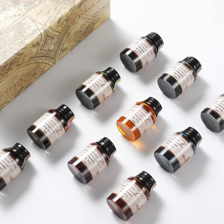GC Kalligraphie Tinte-Set mit 10 Farben x 20 ml Tintenflaschen- Kohlenstofffreie Tinte für Füllfeder