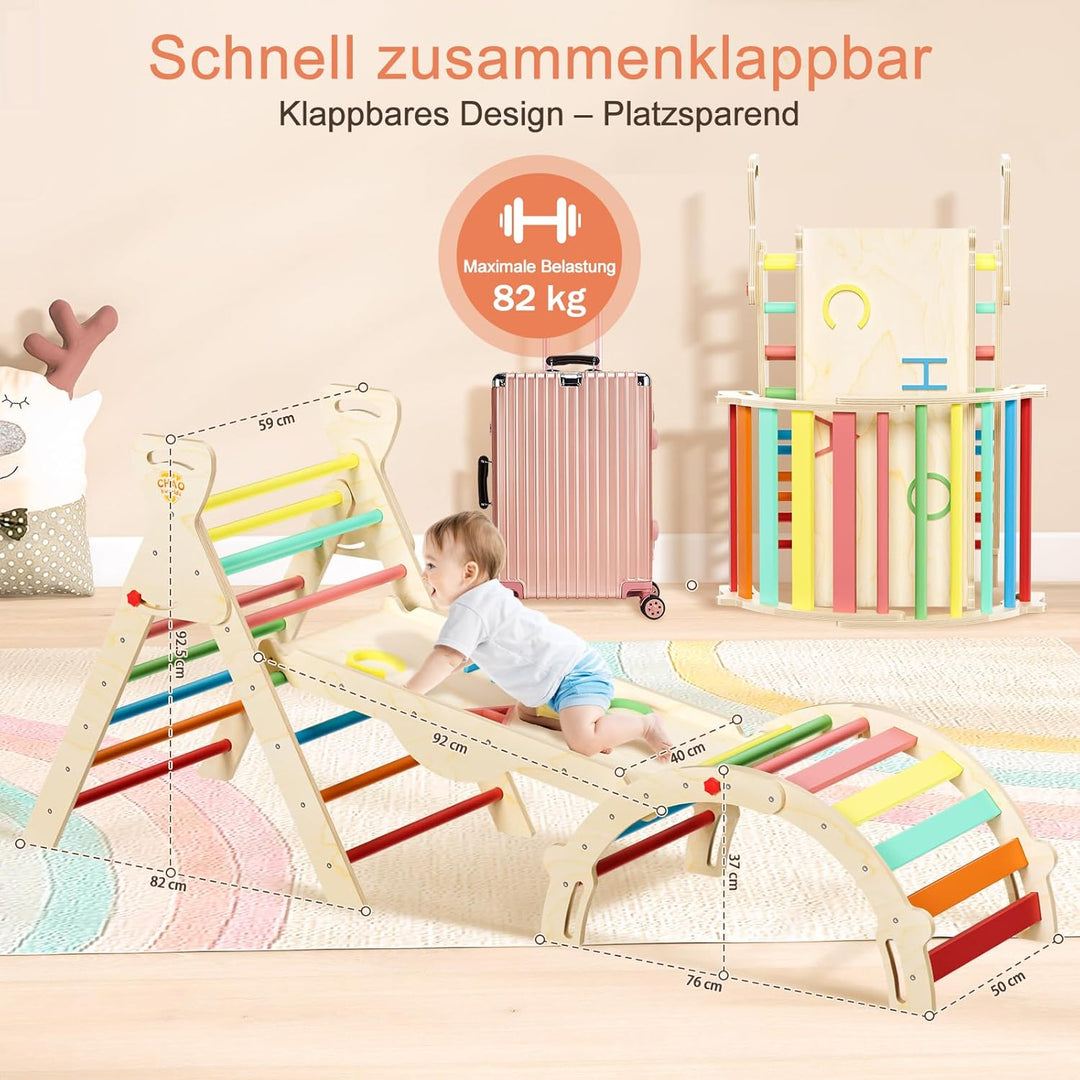 Pikler Dreieck 8-in-1 klappbar, Montessori Klettergerüst Indoor aus Holz mit Rutsche, Kletterbogen u