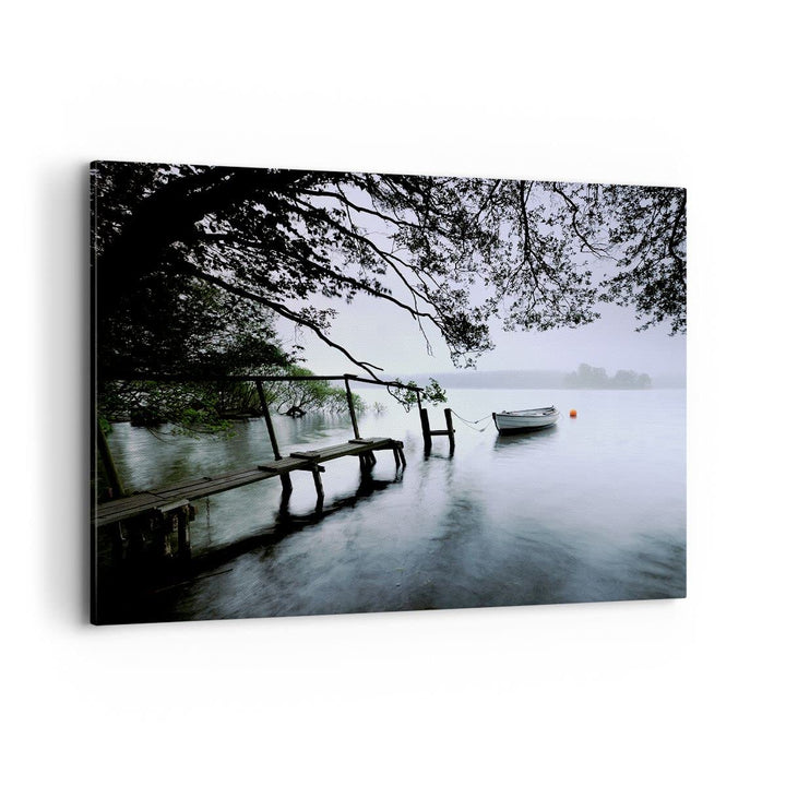 Bilder auf Leinwand 100x70cm Leinwandbild mit Rahmen See Dock Boot Bäume Gross Wanddeko Bild Schlafz
