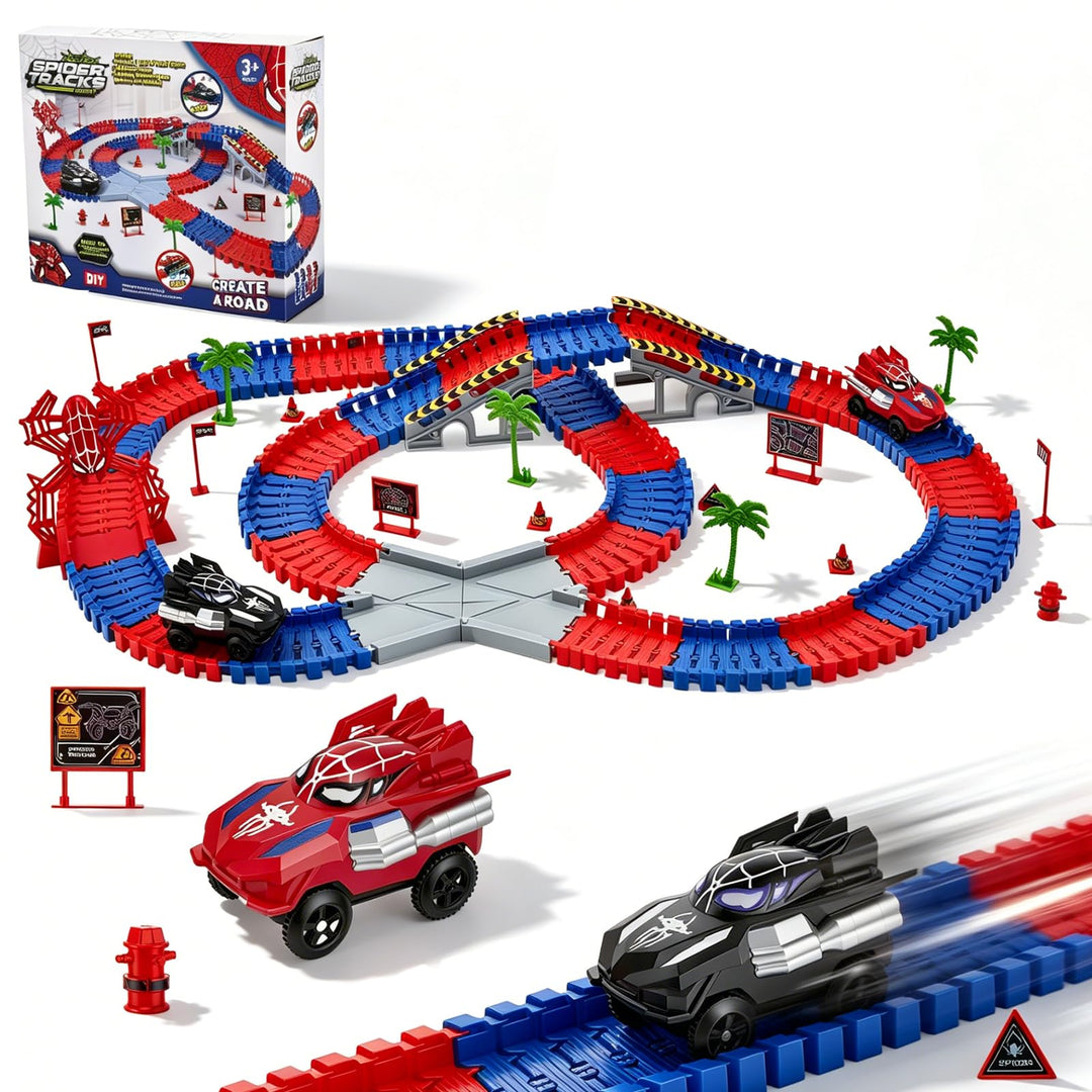 Spider Rennbahn Set 212 Teile – Flexible Autorennbahn Spielzeug ab 3 4 5 6 7 8 Jahre Junge, DIY Trac