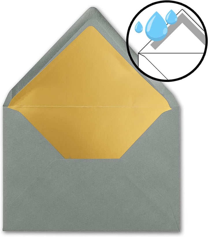 200x metallic Gold-gefütterte Brief-Umschläge DIN C5, dunkel Grau (Graphit) - 156 x 220 mm - Nasskle