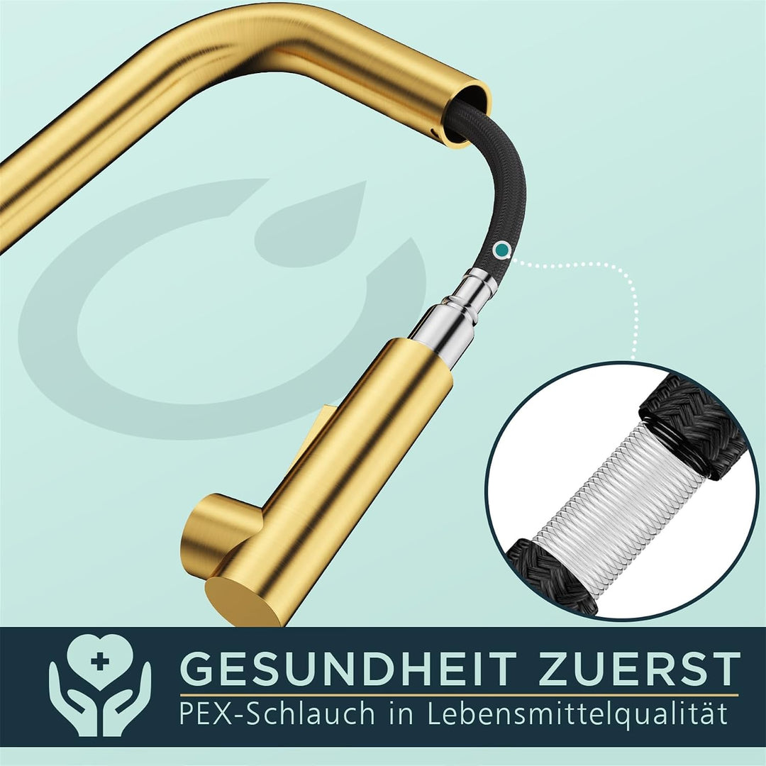 FORIOUS Wasserhahn Küche Schwarz, Hochdruck Küchenarmatur mit Brause Ausziehbar Armatur, Mischbatter