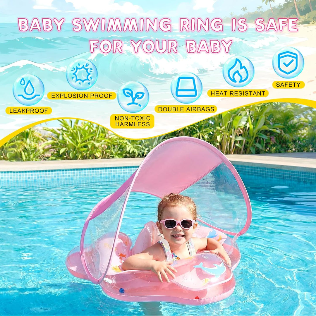 Baby Schwimmring mit abnehmbarem Sonnenschutz und Glöckchen, inklusive 1 x Handpumpe und 2 x Reparat