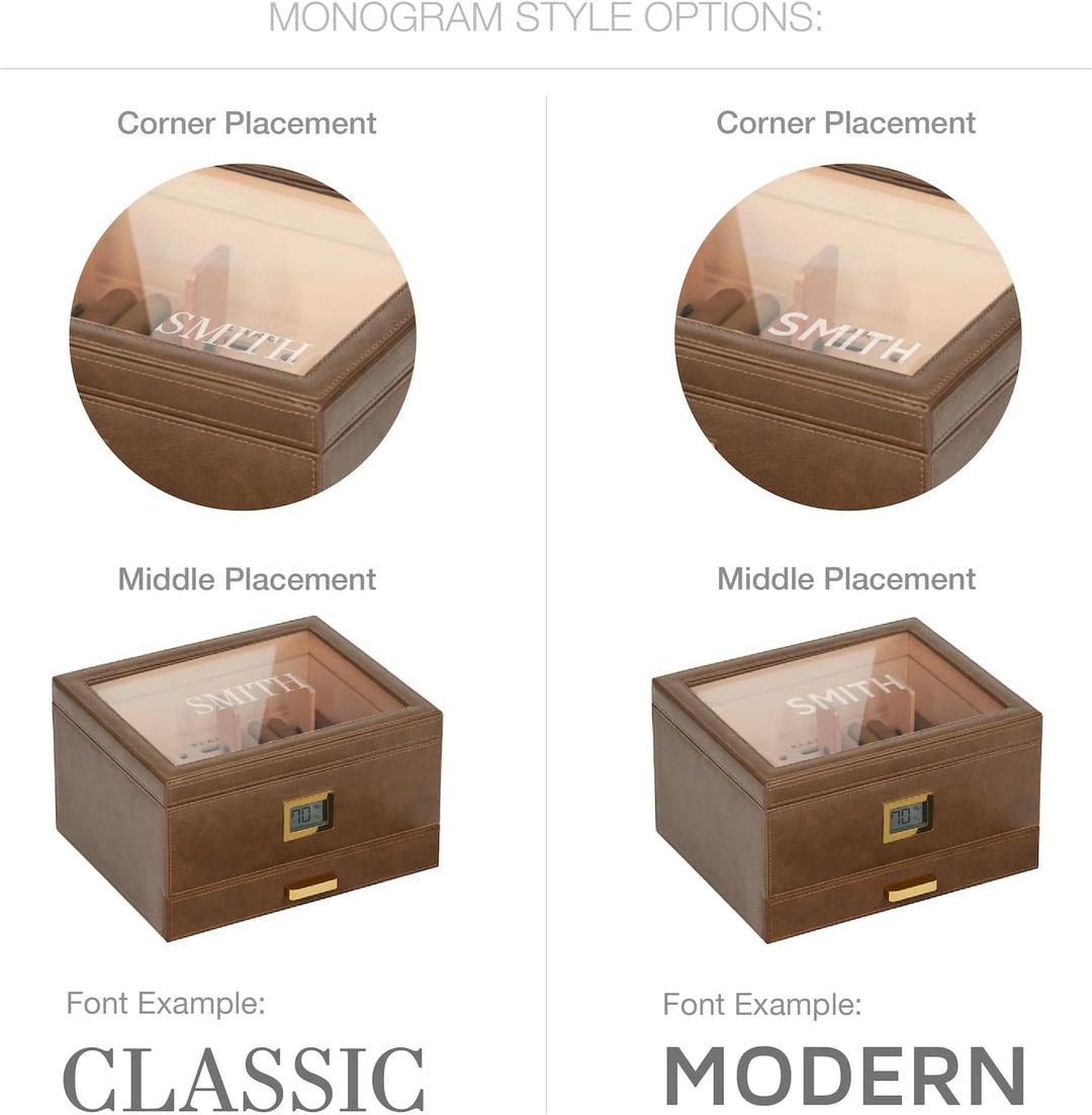 CASE ELEGANCE Monogrammiertes Belmont Glas-Top-Luftbefeuchtungssystem, dickes Zedernholz, genaues di