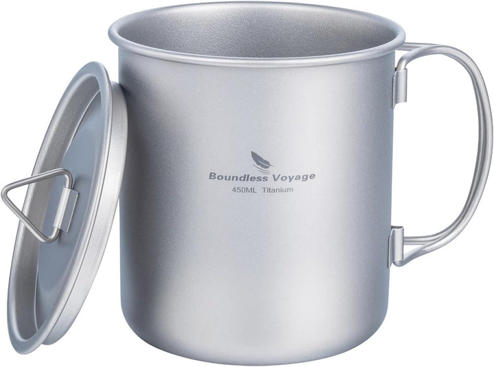 iBasingo 450ml Camping Becher Outdoor Tasse Titan Trinkbecher Mug mit Deckel & Klappgriff Ultraleich