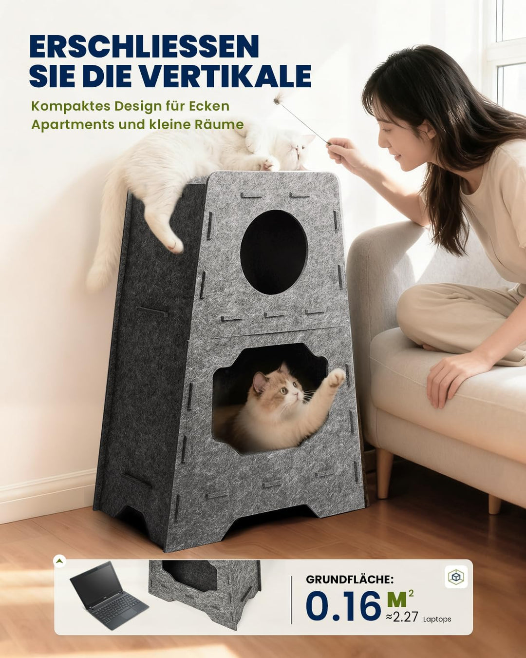 Pawtasy Katzenhöhle Filz Katzenhaus aus Filz für grosse Katzen, Katzen Höhle 3-Ebenen, Trapezform St