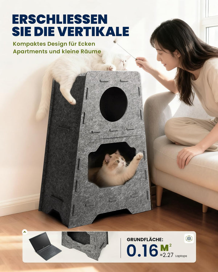 Pawtasy Katzenhöhle Filz Katzenhaus aus Filz für grosse Katzen, Katzen Höhle 3-Ebenen, Trapezform St