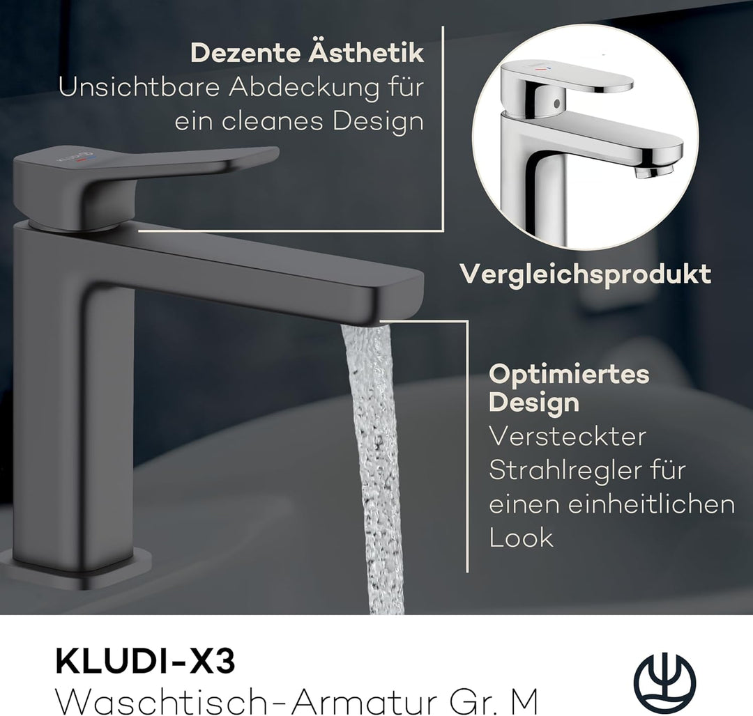 KLUDI-X3 Waschtischarmatur mit Push-Open Ablaufgarnitur, Auslaufhöhe 110 mm, wassersparender Wasserh