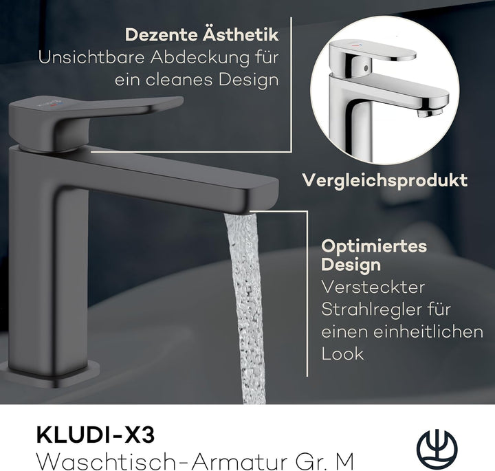 KLUDI-X3 Waschtischarmatur mit Push-Open Ablaufgarnitur, Auslaufhöhe 110 mm, wassersparender Wasserh