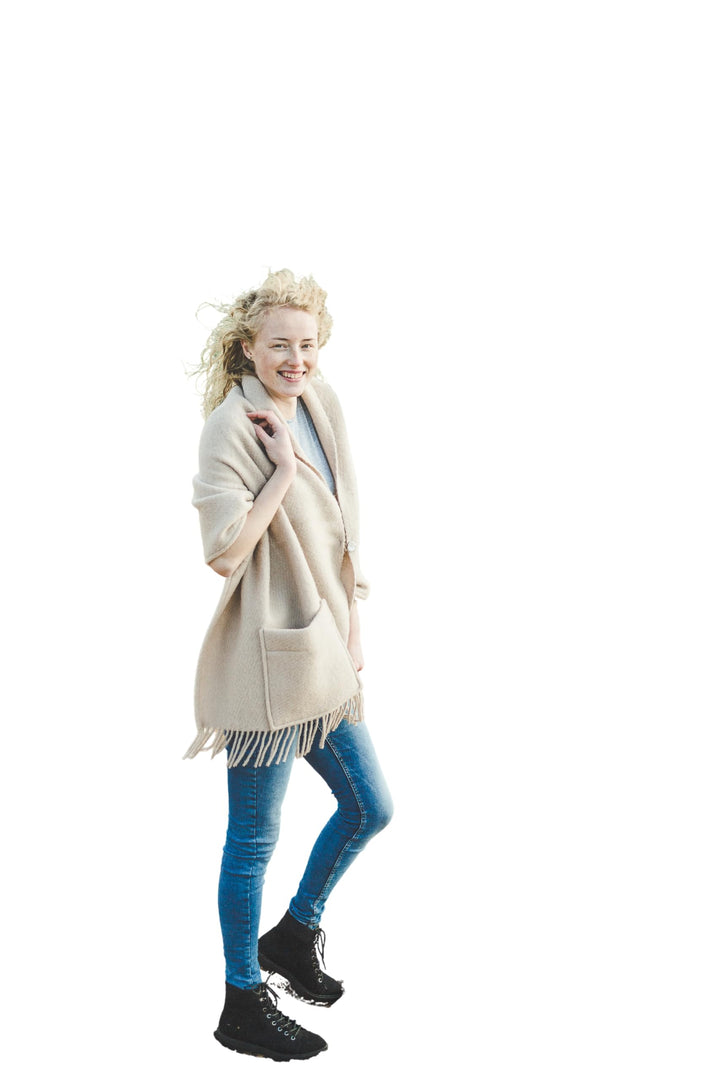 Damen Schal Schultertuch aus 100% Wolle mit Taschen - Poncho Stola 65x180cm + Fransen Tuch & Umschla