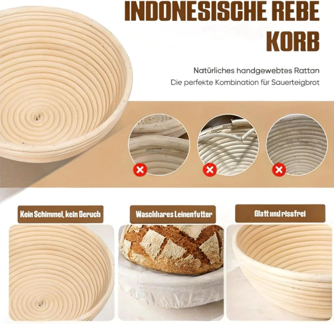Kixiyou 10-teilig Gärkorb Brot Set, 23 cm Gärkorb rund und Komplettset Backzubehör, Gärkörbchen für