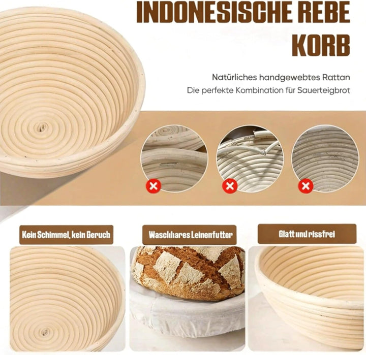 Kixiyou 10-teilig Gärkorb Brot Set, 23 cm Gärkorb rund und Komplettset Backzubehör, Gärkörbchen für