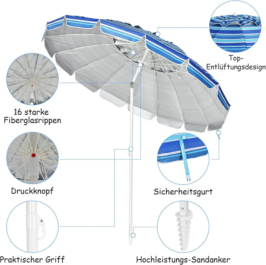 GOPLUS Strandschirm, Sonnenschirm um 30° knickbar, Gartenschirm UV 50+, Tischschirm mit Bodenhülse,