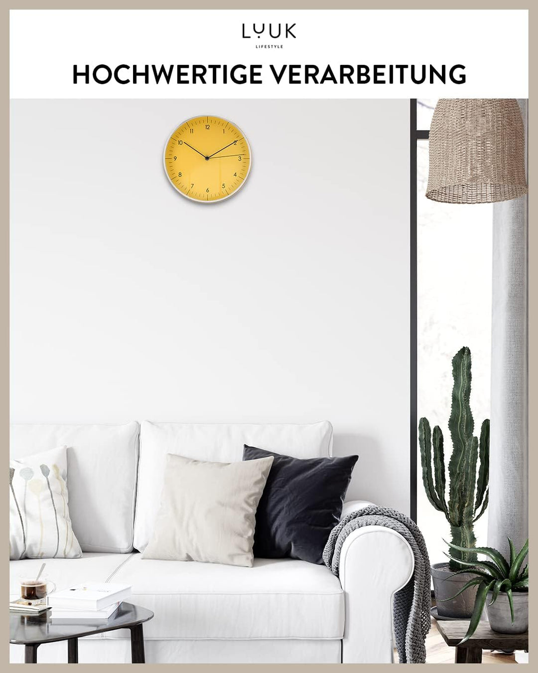 LUUK LIFESTYLE Moderne Quarz Wanduhr, Geräuschlos, 24,8cm, Gelb &amp; Silber | lesbare arabische Ziffern
