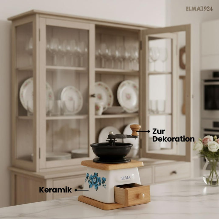 ELMA Manuelle Kaffeemühle aus Keramik für dekorative Zwecke, Retro-Vintage-Stil, braun auf Holz, Han