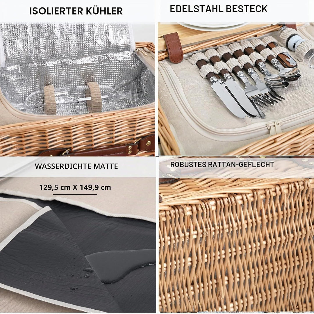 Multifunktionales Picknickkorb-Set aus Weidengeflecht für 4 Personen mit Decke und Picknicktisch, is
