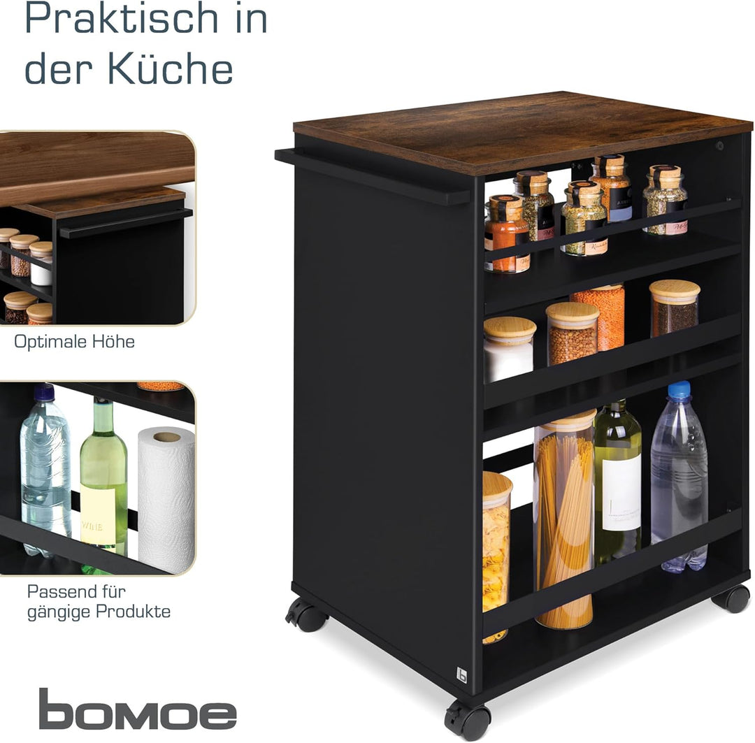 bomoe Nischenwagen Servierwagen auf Rollen mit 3 verstellbaren Ebenen & FSC® Holz Küchenwagen mit Ar