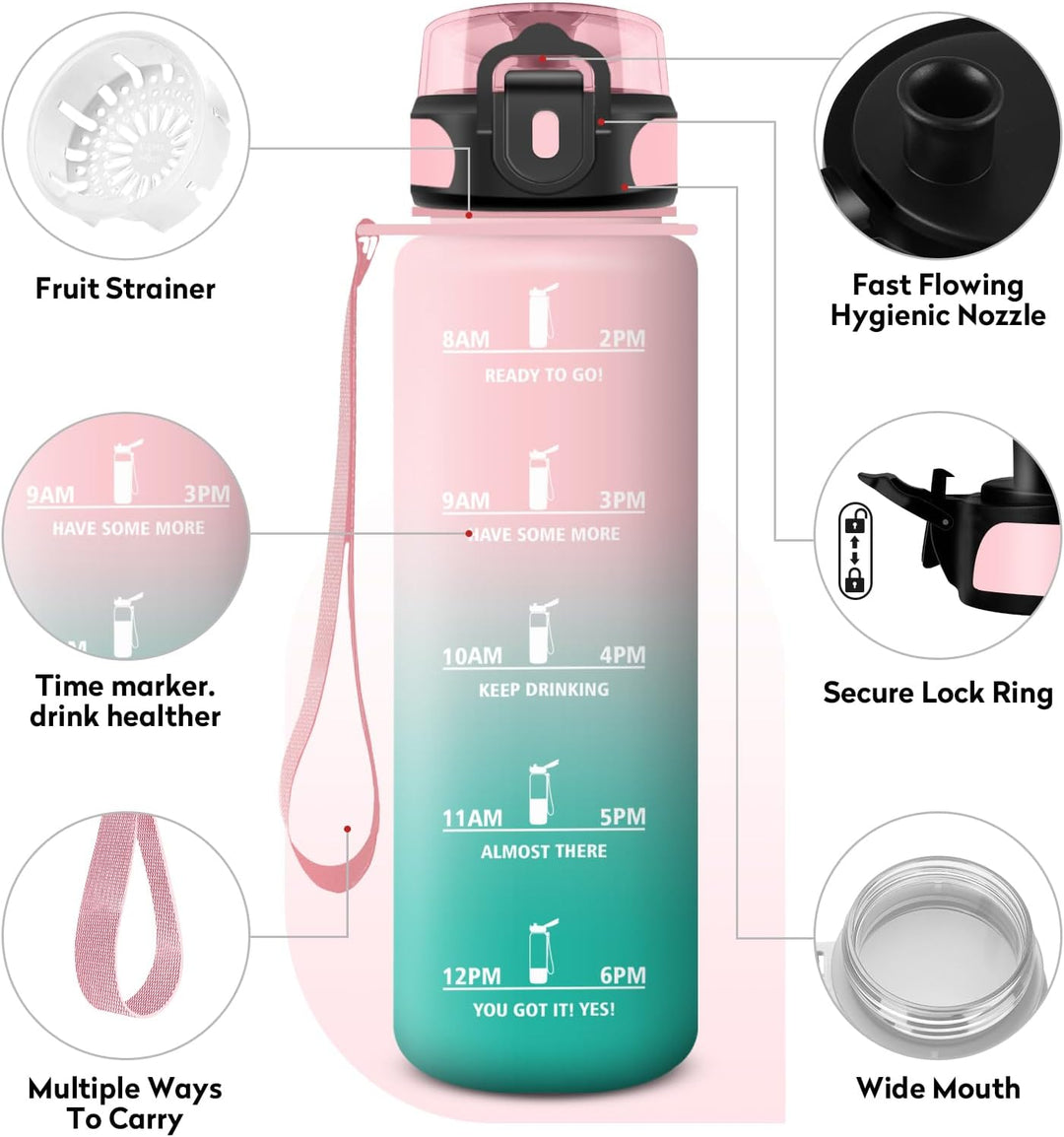KollyKolla Trinkflasche Kohlensäure Geeignet, 500ml/1L/1.5L, Sport Trinkflasche mit Zeitmarkierung,