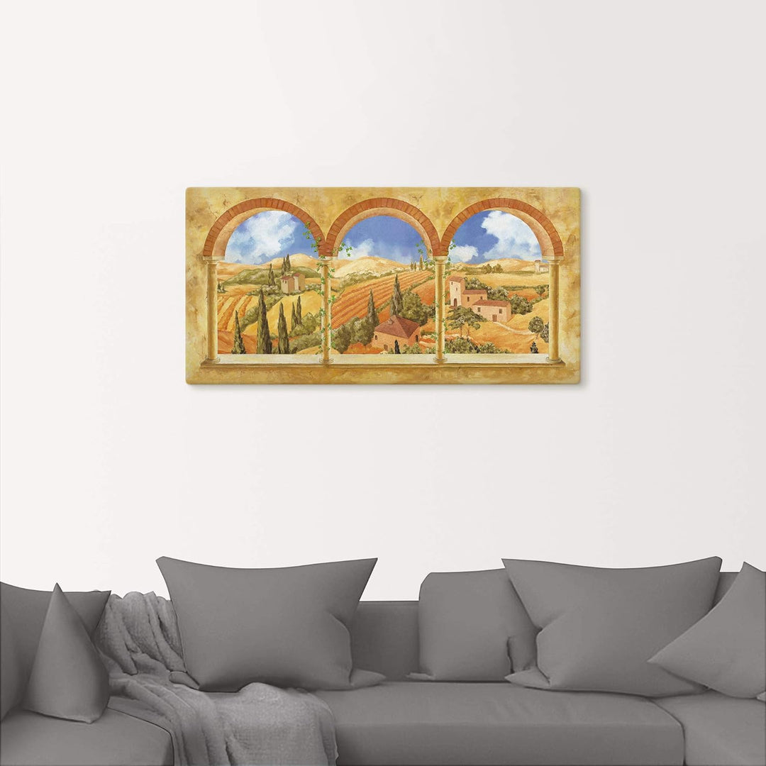 Artland Leinwandbild Wandbild Bild auf Leinwand 60x30 cm Wanddeko Fensterblick Fenster Toskana Lands