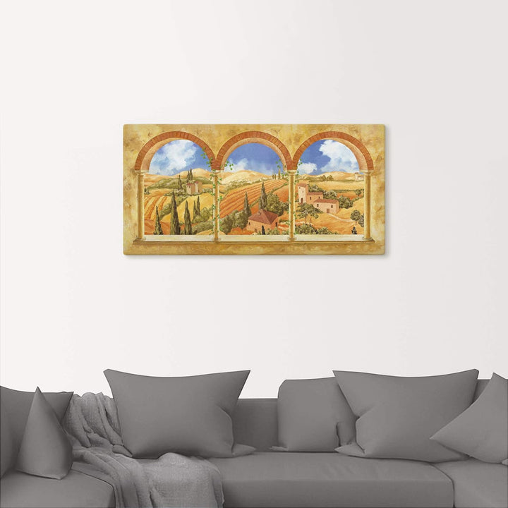 Artland Leinwandbild Wandbild Bild auf Leinwand 60x30 cm Wanddeko Fensterblick Fenster Toskana Lands
