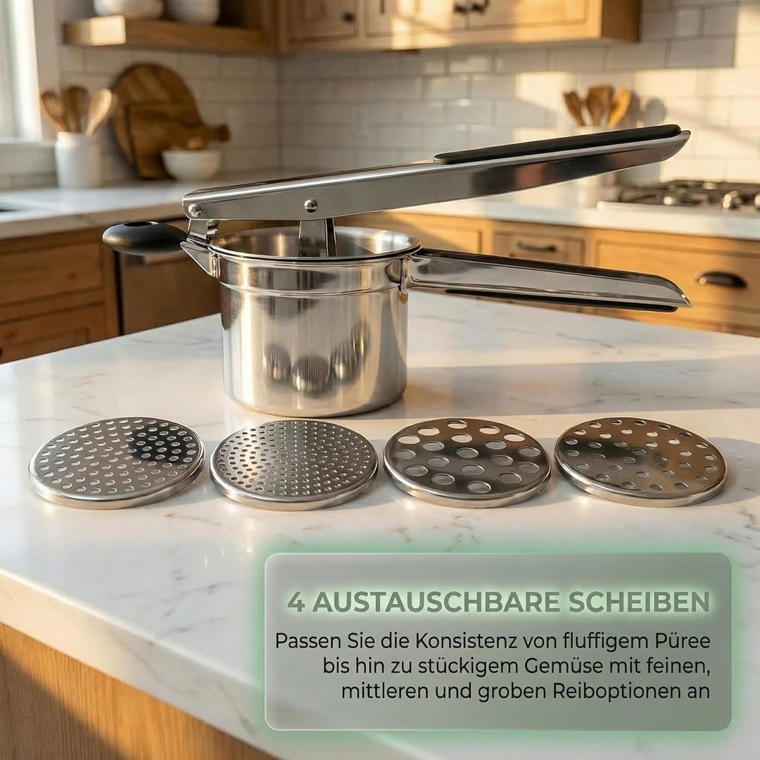 Spätzlehobel mit 4 austauschbaren Sieben, Edelstahl Kartoffelpresse abnehmbare und strapazierfähige,