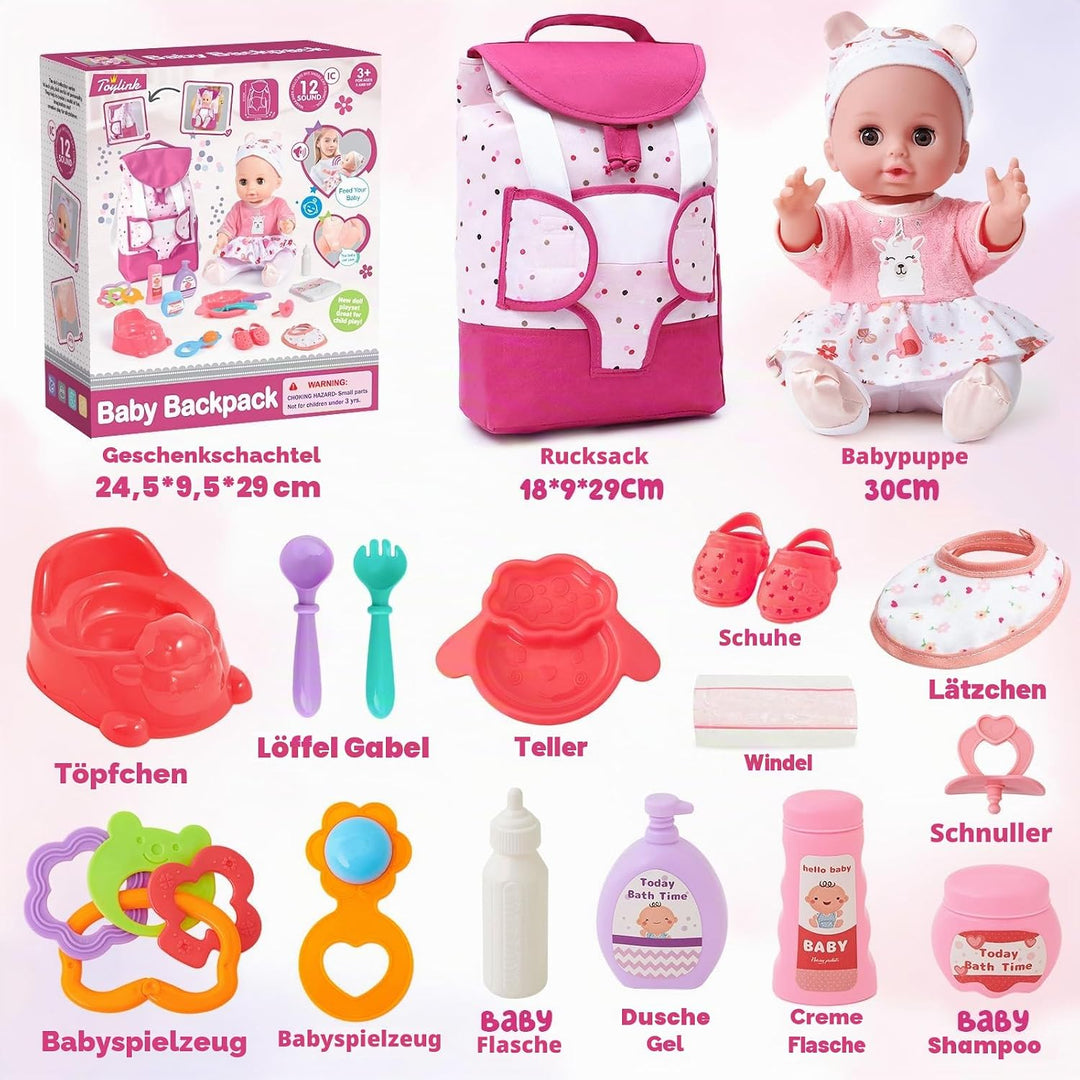 vamei Puppenzubehör Spielzeug Geschenk Mädchen, 36 cm Babypuppe &amp; Rucksack &amp; Puppenkleidung &amp; Töpfch