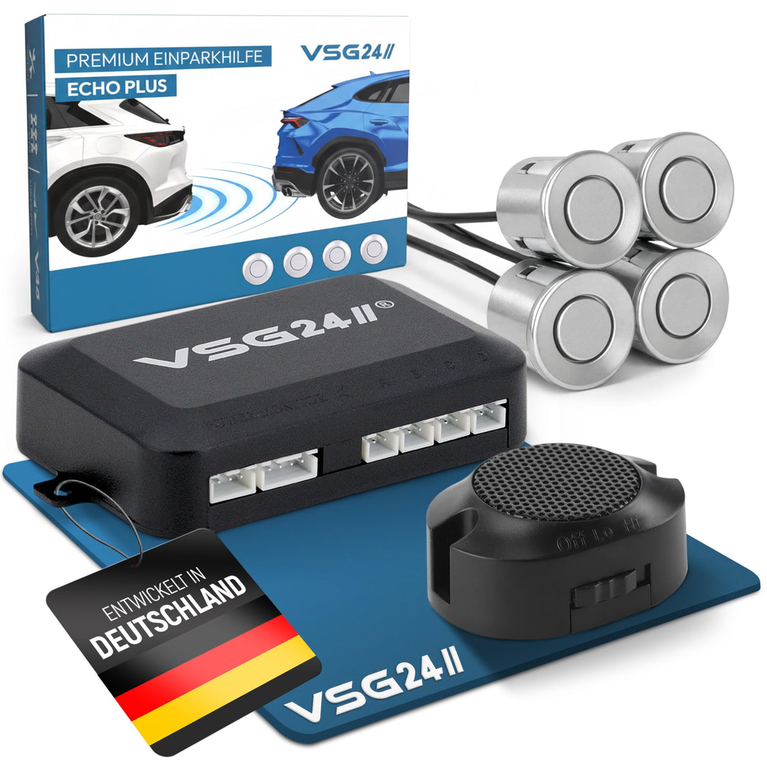VSG24 Einparkhilfe Set hinten mit 4 Sensoren in Silber – robuste PDC Parkhilfe für Auto, SUV & Trans