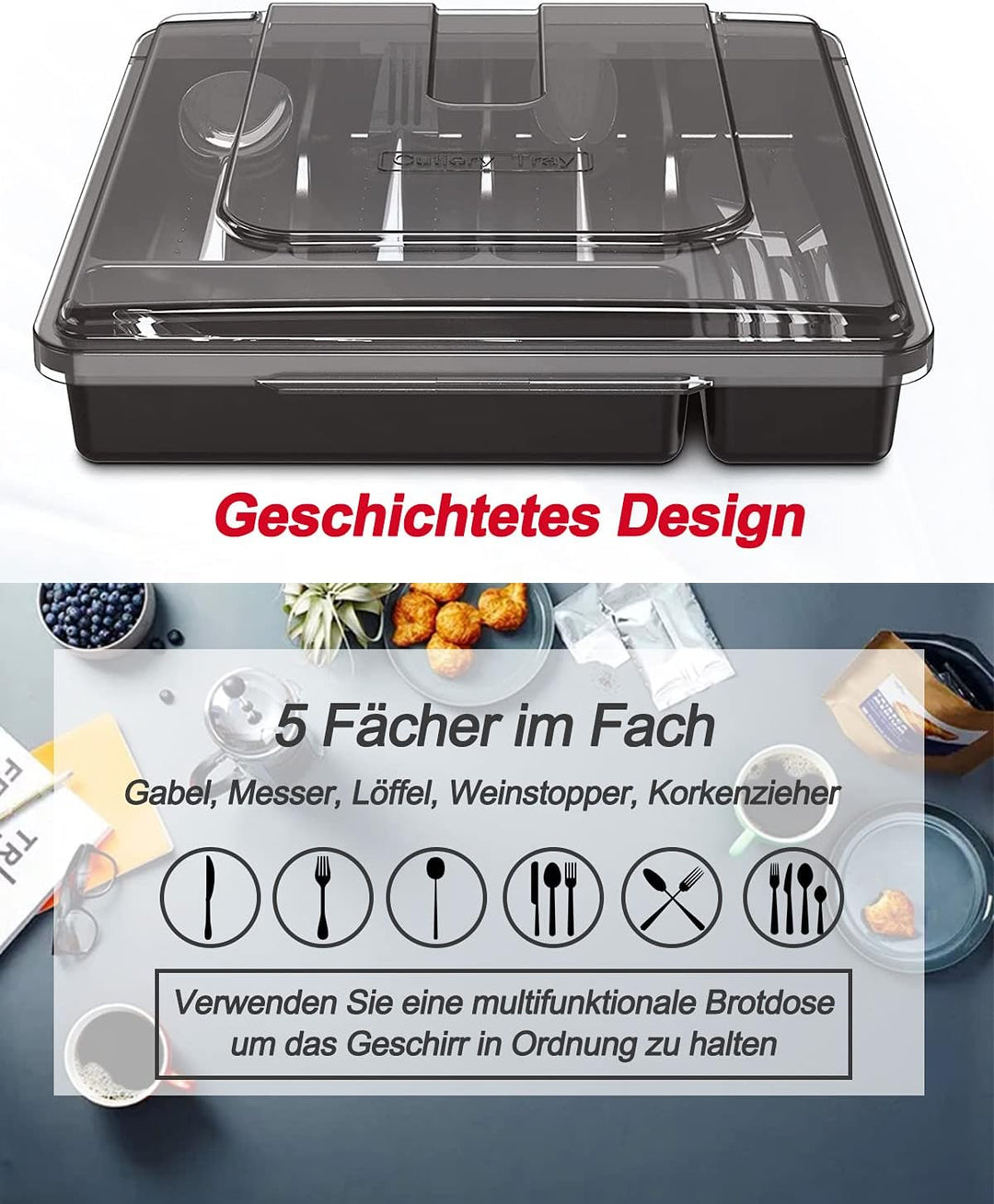 HIMAugbo Besteckkasten mit Deckel, Tragbar Besteck Aufbewahrung, Kompakter Besteckkasten füR Camping