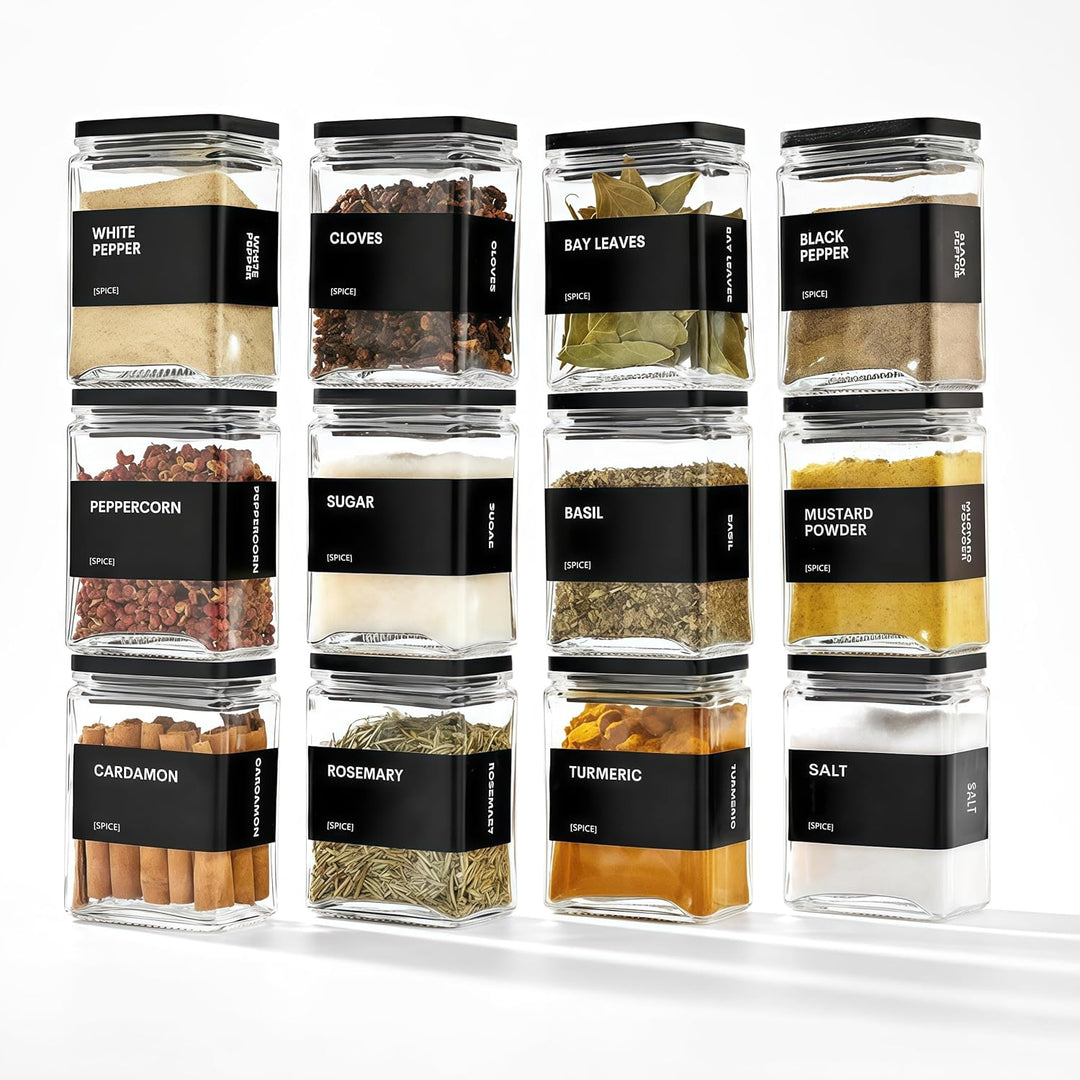 Gewürzgläser Eckig mit Holzdecke, [12x 120ml] + 88 Wasserfeste Etiketten - Gewürzdosen Set Glas - Ge
