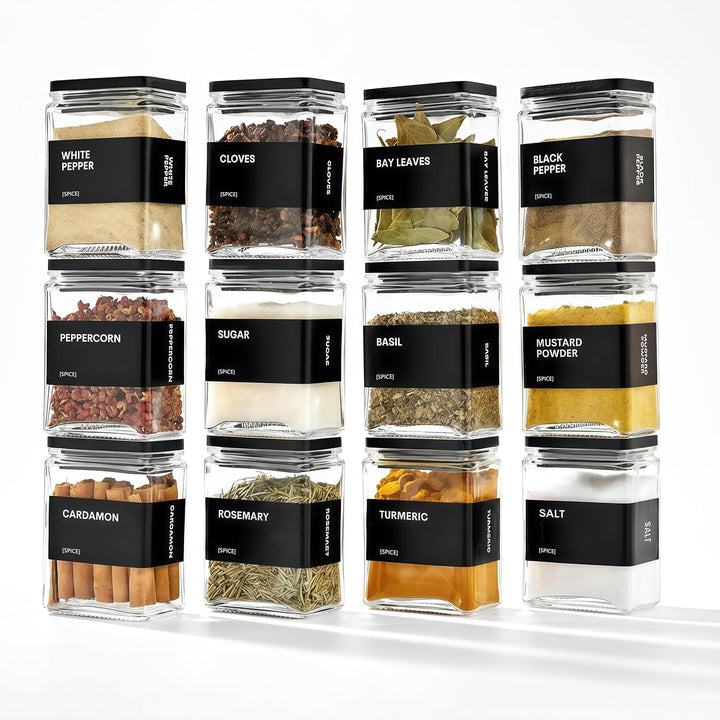 Gewürzgläser Eckig mit Holzdecke, [12x 120ml] + 88 Wasserfeste Etiketten - Gewürzdosen Set Glas - Ge