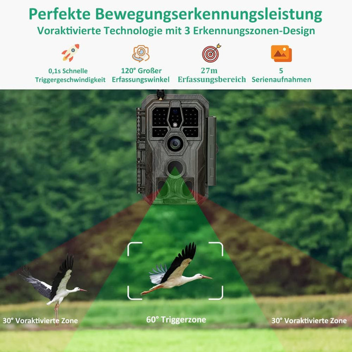 GardePro E8 Wildkamera WLAN mit 32 GB SD-Karte, 64MP H.264 1296P Video, 27m Infrarot Nachtsicht Bewe