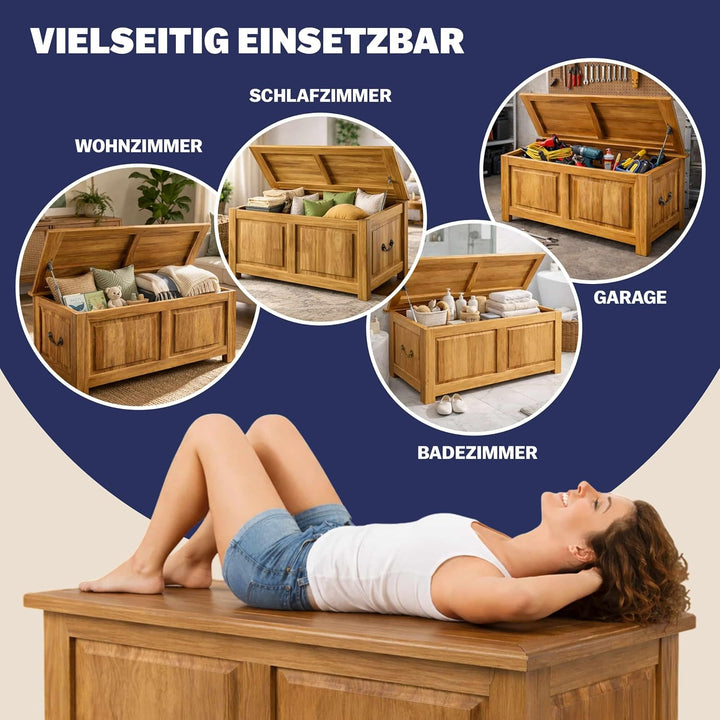 CASARIA® Holztruhe mit Deckel Gross 103L Volumen Sitzbank Stauraum 160kg belastbar Holz Akazie Flur