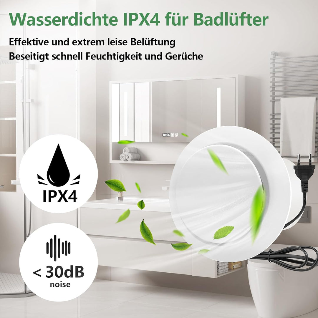 Abluftventilator 100mm 130m³/h, Badlüfter Leiser Starker Luftstrom, für Badezimmer, Toilette, Küche,