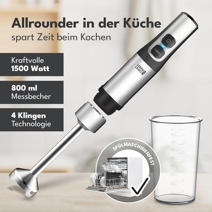 LEBENLANG 1200W Stabmixer Edelstahl - Inkl. 800ml Messbecher & Spritzschutz I Stufenlos verstellbar