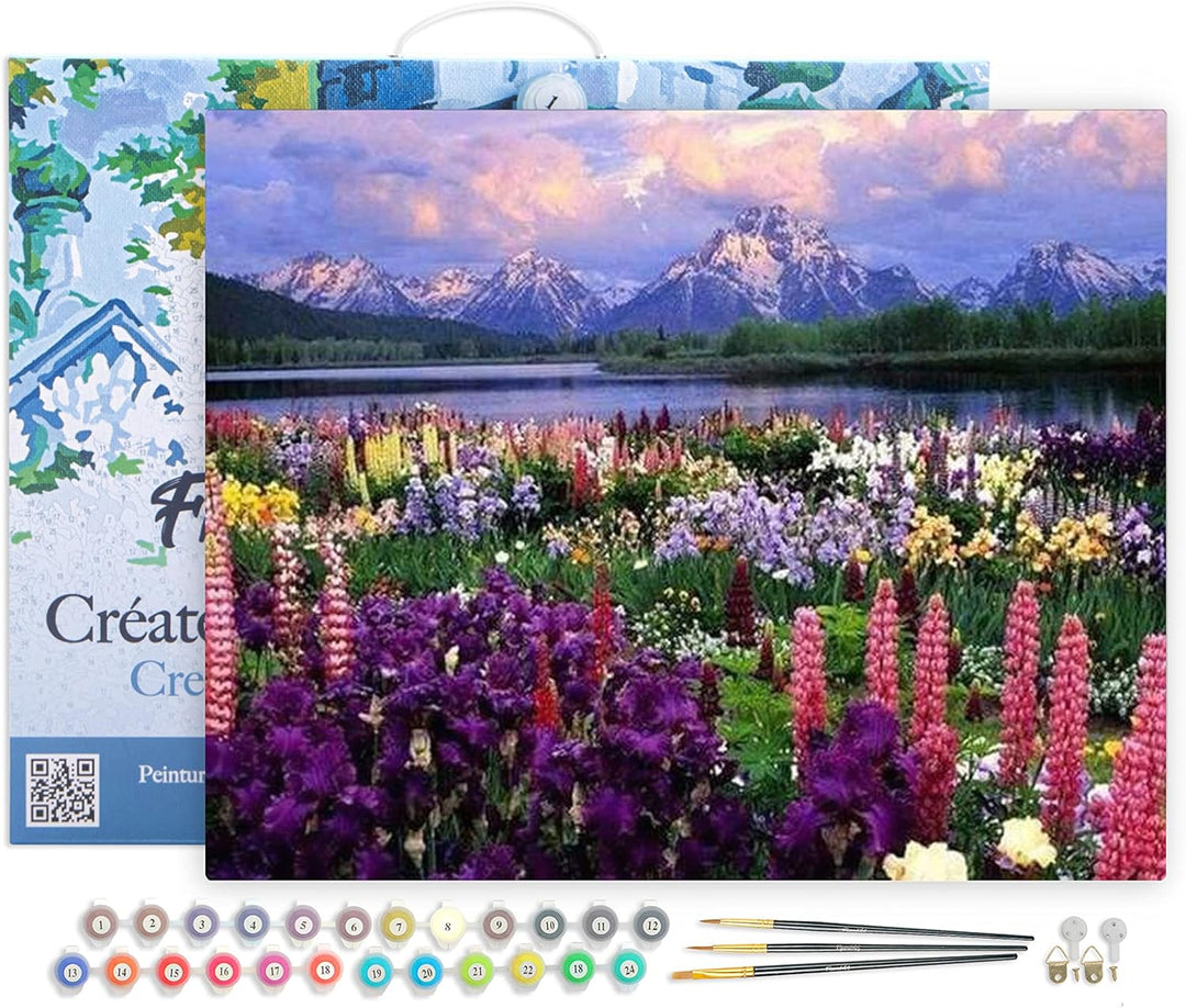 Figured'Art Malen Nach Zahlen Erwachsene Mit Rahmen Blumen und See am Fusse des Berges - Paint by Nu