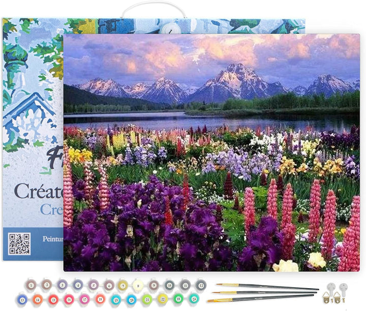 Figured'Art Malen Nach Zahlen Erwachsene Mit Rahmen Blumen und See am Fusse des Berges - Paint by Nu