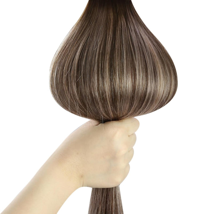 Ugeat Clip in Extensions Echthaar Aschblond 45 cm Balayage Dunkelbraun Glatt Echthaar Clip in Extens