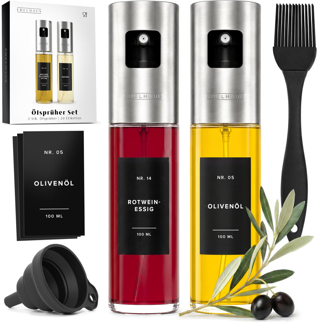 Ölsprüher 2er Set - Hochwertige Öl-Sprühflasche aus Edelstahl &amp; Glas, für gesundes Kochen I Sprüher