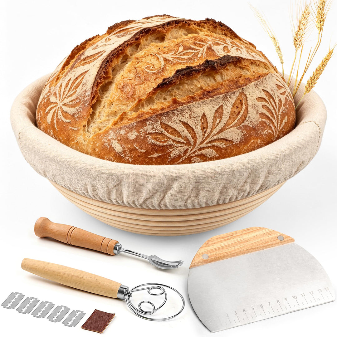 FIVAVA Gärkorb Brot Set, Gärkörbchen Rund 23cm,Brot Backen Zubehör Hochwertiges Rattan Mit Leinenbez