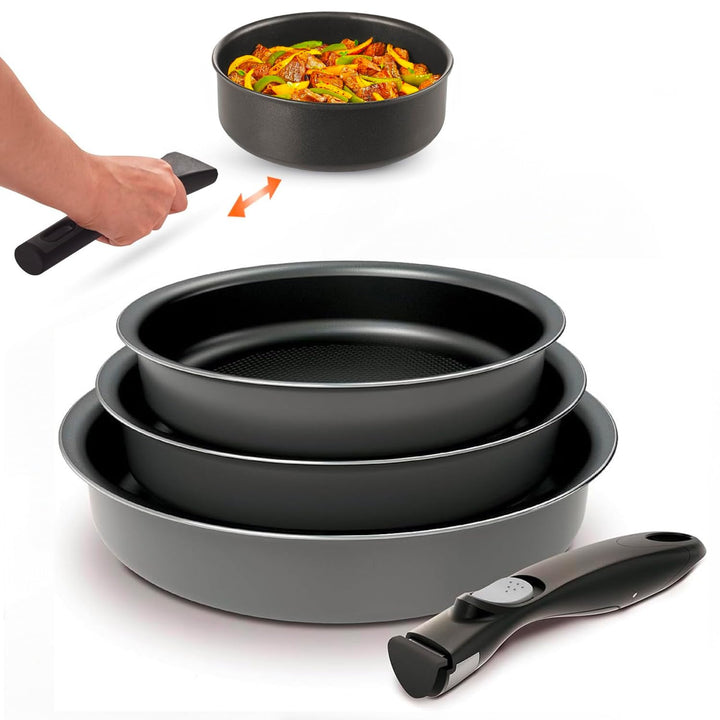 Avilia Set mit 3 Induktionspfannen mit abnehmbarem Griff, 20 – 24 – 28 cm – Antihaftbeschichtung, 5