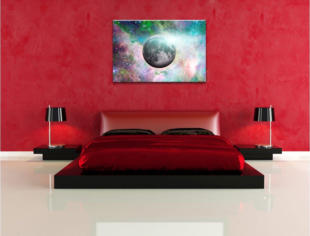 Pixxprint unser Mond im Sternenstaub / 100x70cm Leinwandbild bespannt auf Holzrahmen/Wandbild Kunstd