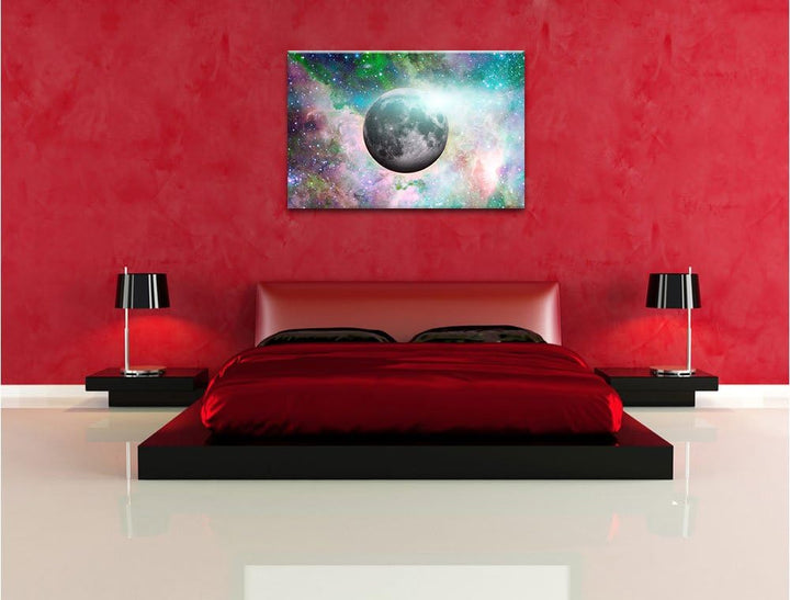 Pixxprint unser Mond im Sternenstaub / 100x70cm Leinwandbild bespannt auf Holzrahmen/Wandbild Kunstd